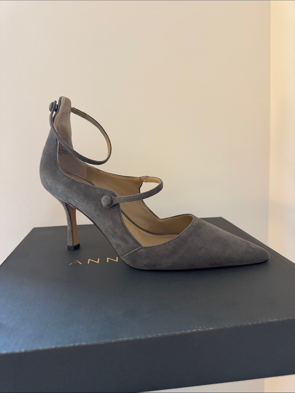 Ann Taylor Women's Suede Ankle-Strap Pointed Toe Pump - Gray